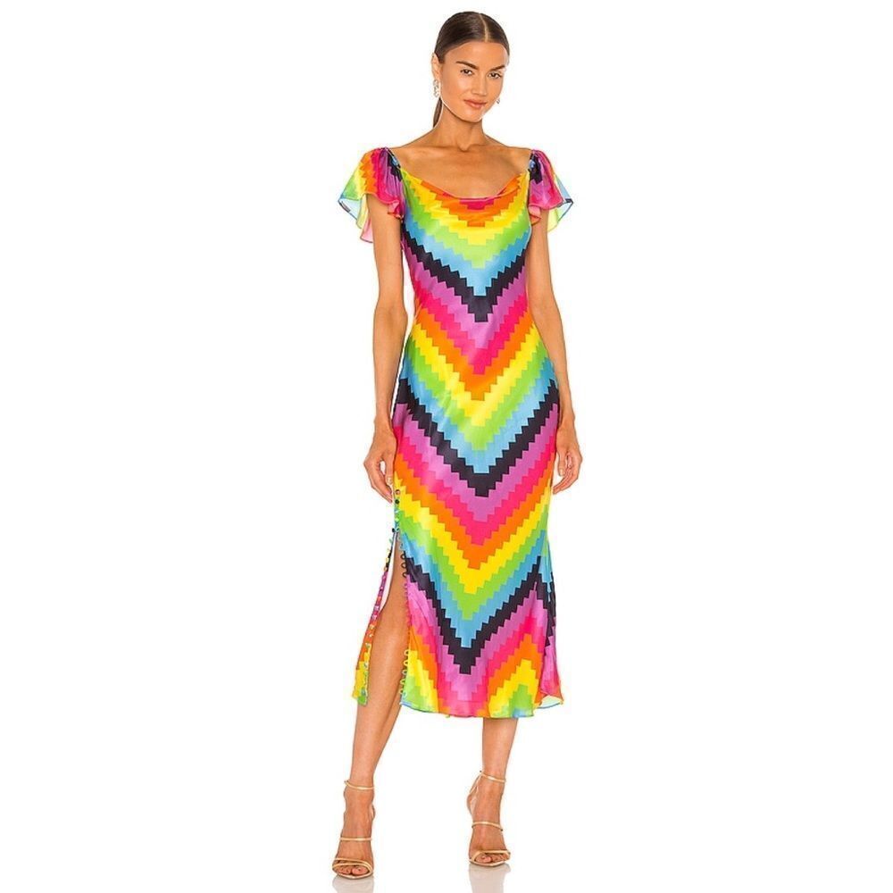 Olivia Rubin Amelia Silk Midi Dress in Rainbow Chevron size US2